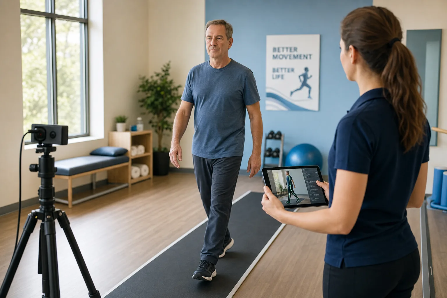 A clinician observing a patient's gait in a clinic while a single camera records the walk for markerless analysis