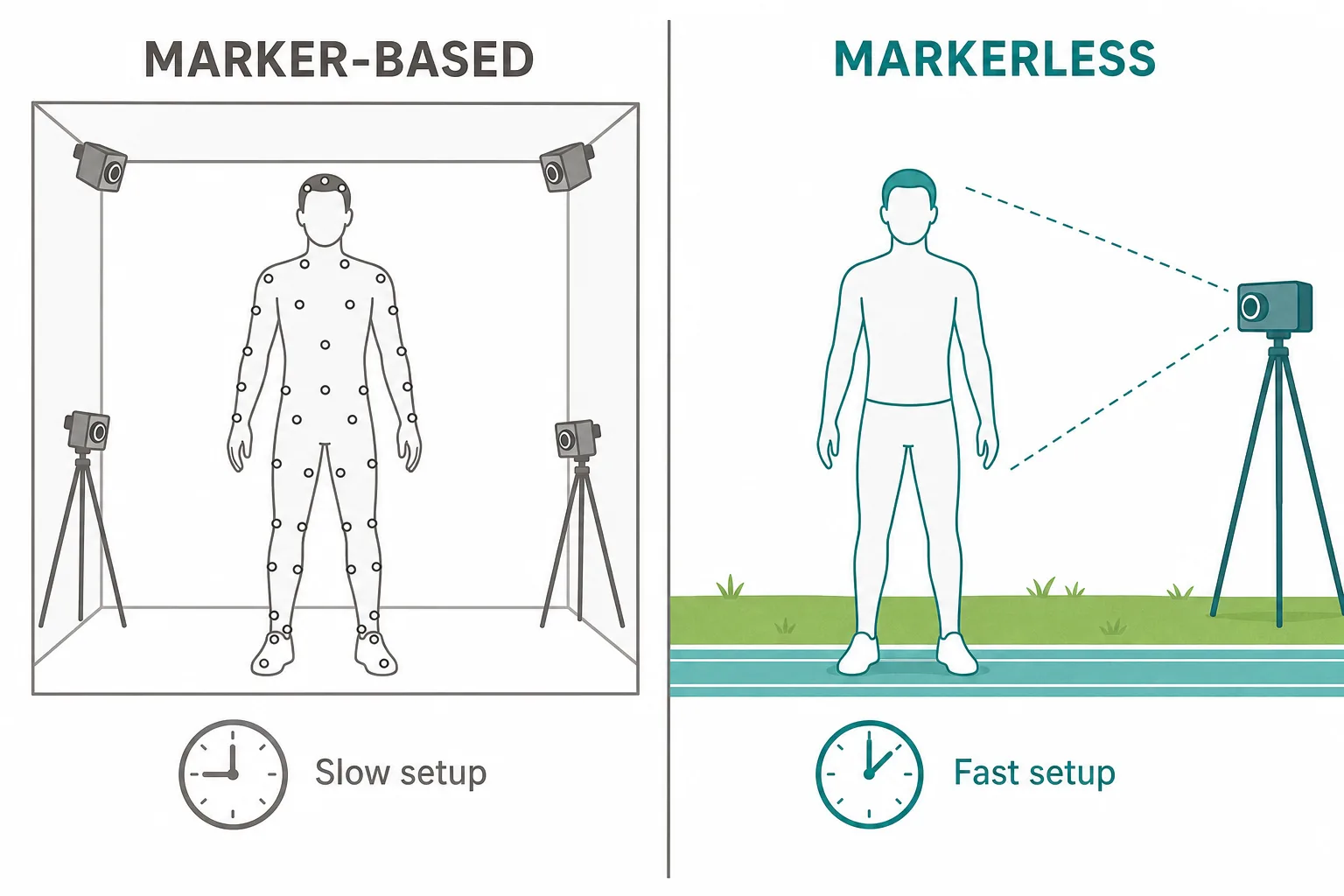 Side-by-side comparison of a marker-based lab setup with reflective markers versus a markerless field setup using a single camera