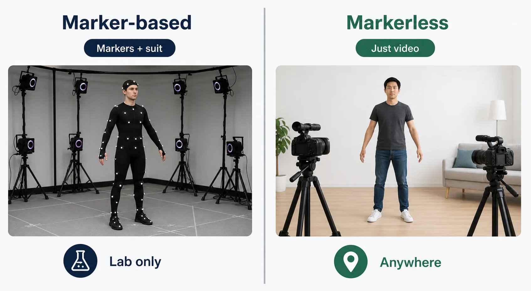 Side-by-side comparison of marker-based motion capture with reflective markers versus markerless capture using ordinary video