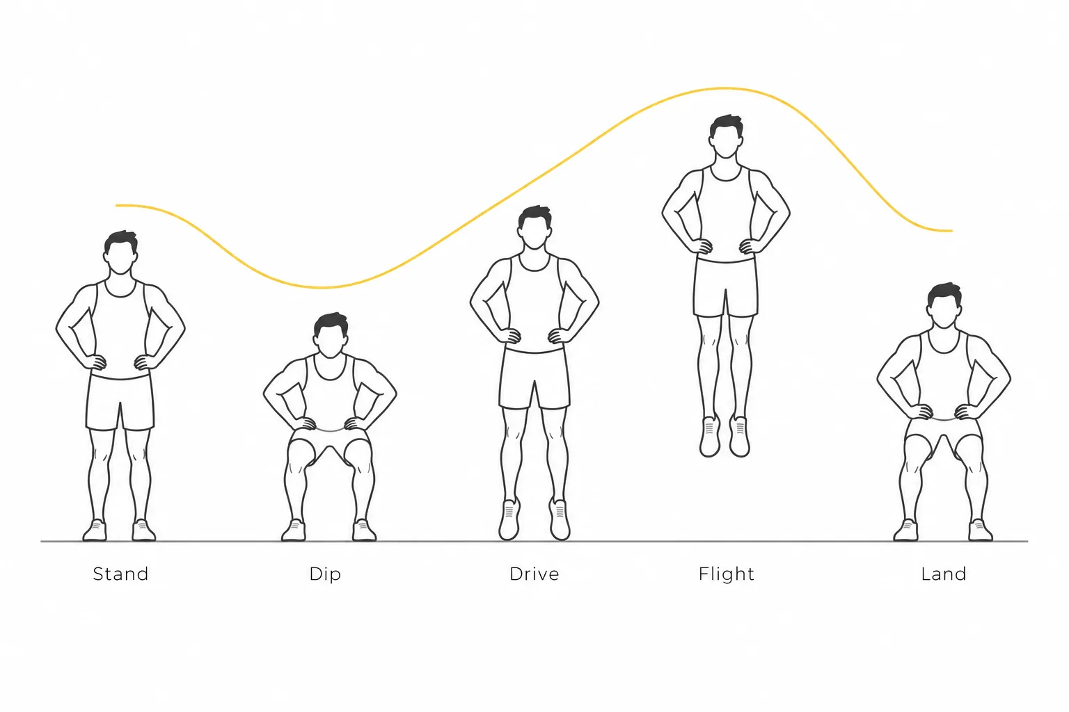 Five-phase countermovement jump sequence with hands on hips: stand, dip, drive, flight with legs straight, and controlled two-foot landing